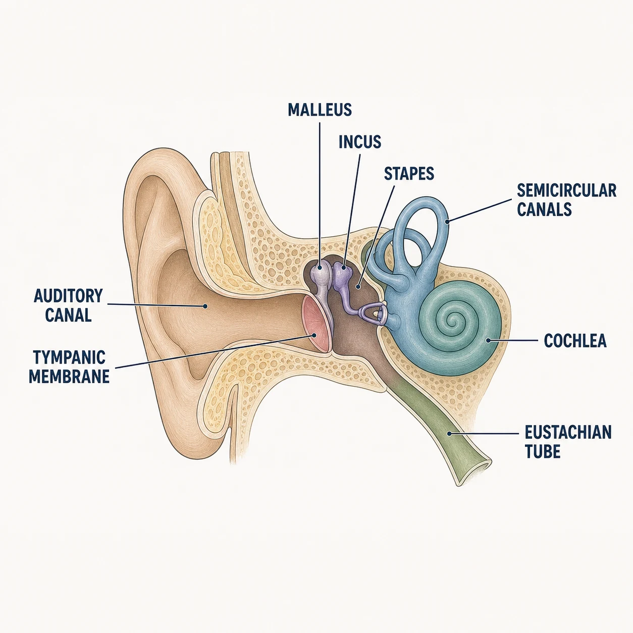 Ear anatomy diagram with labeled structures