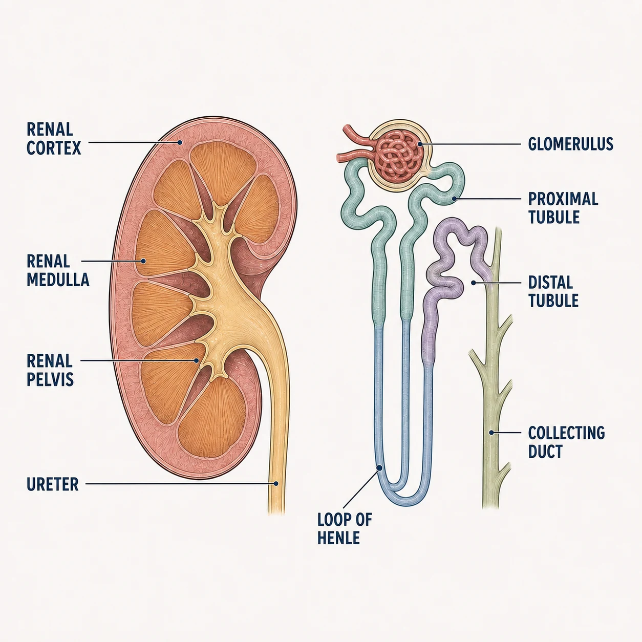 Kidney & Nephron anatomy diagram with labeled structures