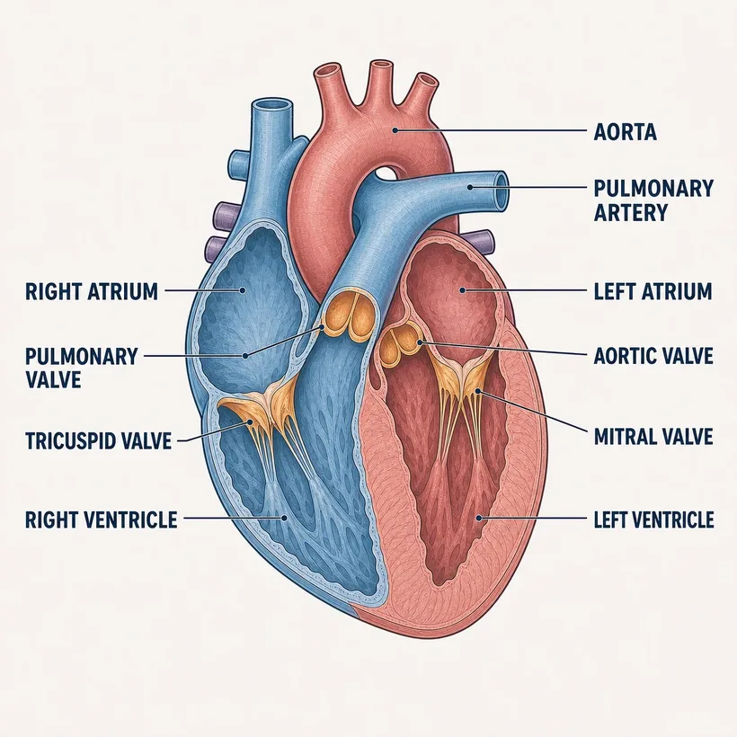 Heart anatomy diagram with labeled structures