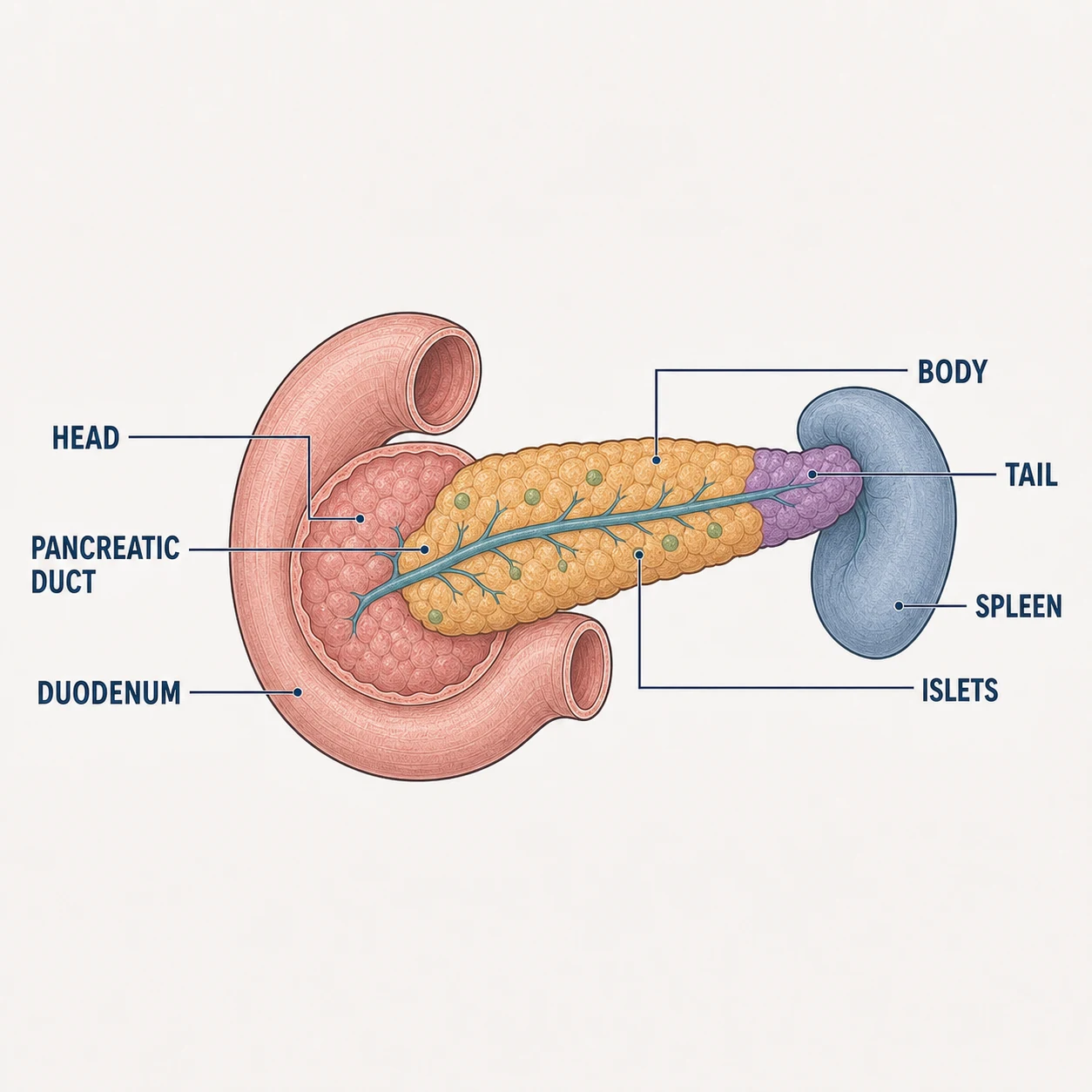 Pancreas anatomy diagram with labeled structures