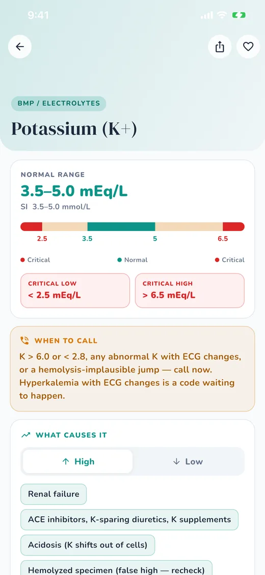 Potassium lab card with range gauge, critical values and when to call